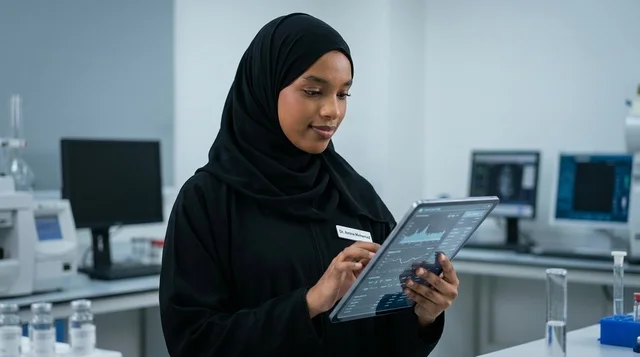 عالمة سعودية بالعباءة تستخدم جهاز لوحي في مختبر طبي