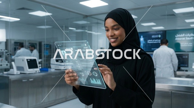 عالمة سعودية تستخدم شاشة رقمية في مختبر أبحاث