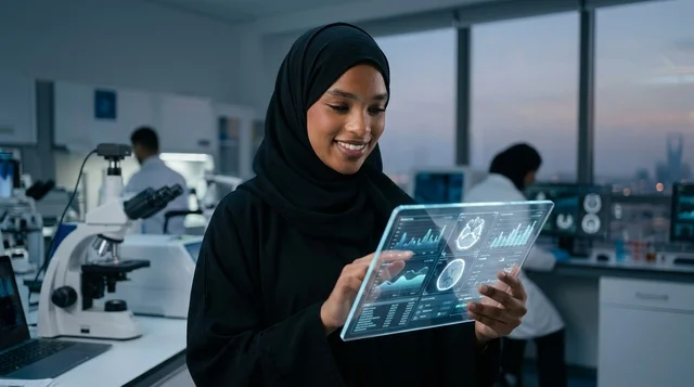 عالمة إماراتية بالعباءة تستخدم جهاز لوحي شفاف في المختبر