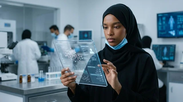 عالمة سعودية تستخدم شاشة رقمية تفاعلية داخل المختبر