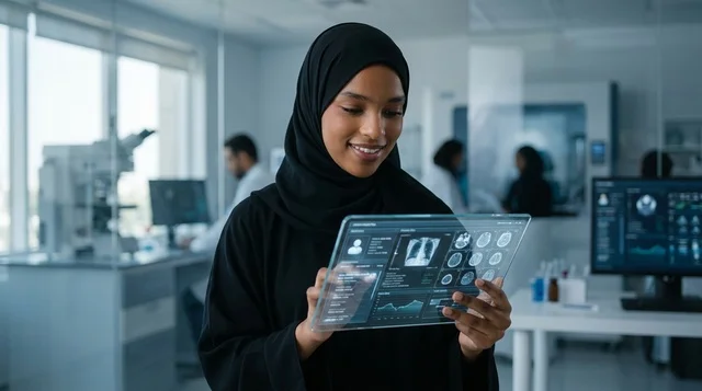 عالمة سعودية تمسك بجهاز لوحي طبي متطور في المختبر