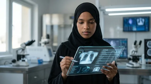 طبيبة سعودية في مختبر طبي متطور بالكامل