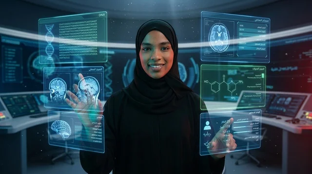 Saudi Female Scientist with Hologram Medical Screen