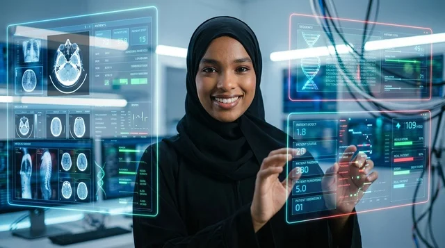 امرأة عربية بالحجاب تستخدم شاشة طبية هولوغرامية ذكية