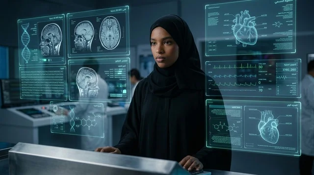 Arab Female Scientist in Futuristic Medical Laboratory