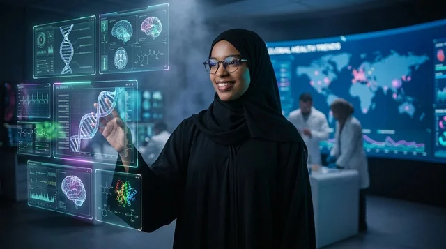 عالمة سعودية في مختبر أبحاث مستقبلي مع شاشة هولوغرام طبية