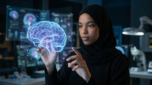 طبيبة سعودية بالعباءة تحلل نموذج دماغ هولوغرام ثلاثي الأبعاد