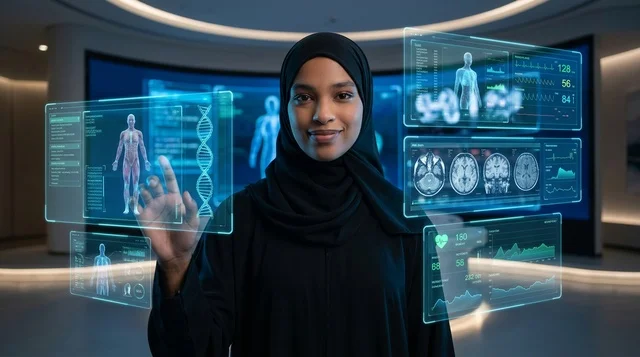 Saudi Woman Scientist with Futuristic Hologram Lab Screen