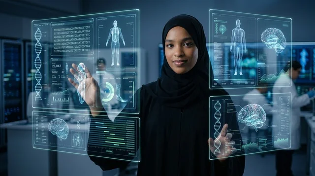 Saudi Woman Scientist with Futuristic Medical Hologram