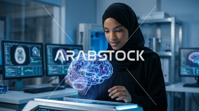 عالمة عربية تفحص مجسم هولوجرام للدماغ في مختبر طبي