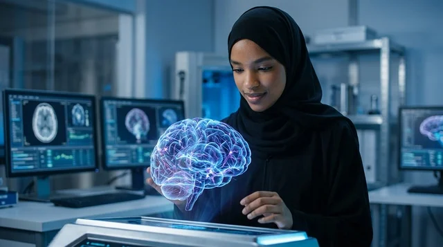 Arab Female Scientist Examining Brain Hologram in Lab