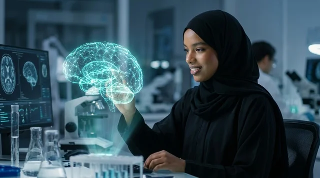 عالمة سعودية في مختبر مع هولوغرام الدماغ ثلاثي الأبعاد