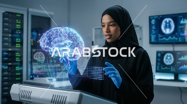 عالمة سعودية تبحث مجسم ثلاثي الأبعاد للدماغ في المختبر