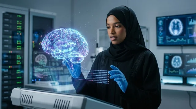 عالمة سعودية تبحث مجسم ثلاثي الأبعاد للدماغ في المختبر