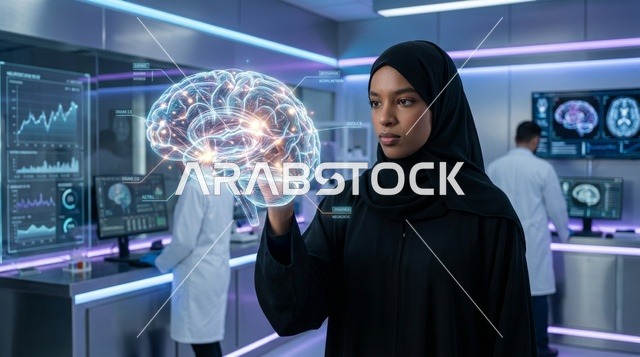 عالمة إماراتية تتفاعل مع هولوغرام الدماغ في المختبر