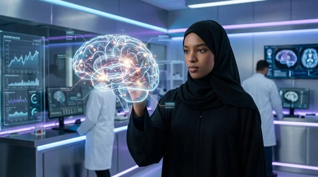 Emirati Female Scientist Interacting with Brain Hologram