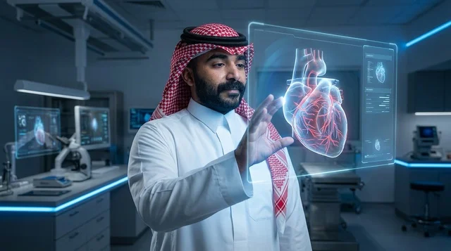 باحث طبي سعودي يتفاعل مع هولوغرام قلب بشري في مختبر