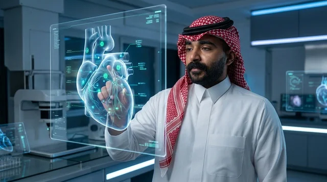 Saudi Doctor Examining Holographic Heart in Medical Lab