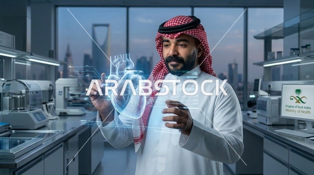 طبيب سعودي يتفاعل مع هولوغرام قلب في مختبر بالرياض