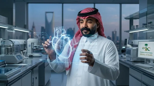 Saudi Scientist Interacting with Heart Hologram in Lab