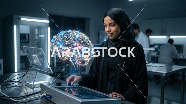 عالمة إماراتية تحلل مجسم الدماغ في مختبر متطور