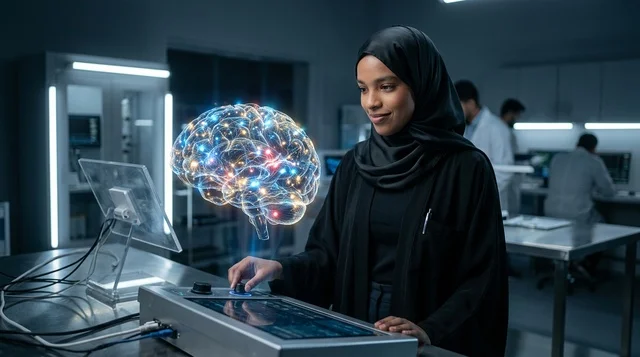 Emirati Female Scientist Analyzing Brain Hologram in Lab
