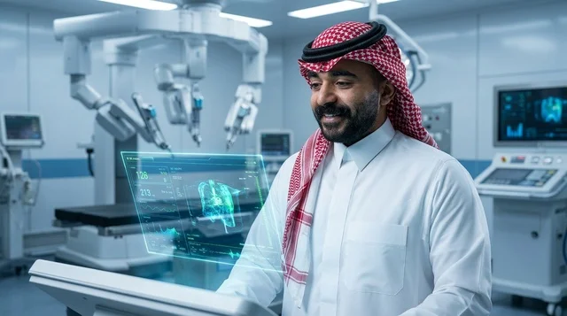 طبيب سعودي يستخدم شاشة هولوجرام طبية ذكية