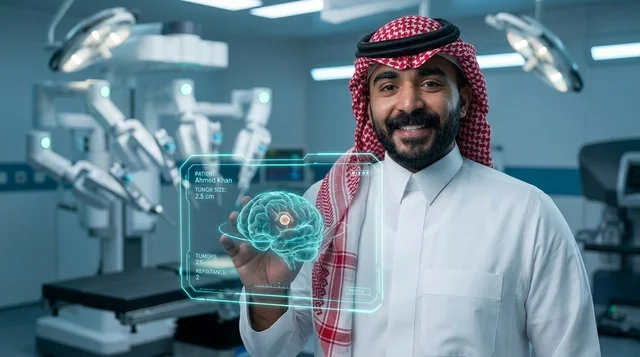 طبيب سعودي مع نموذج هولوغرام دماغي في غرفة العمليات