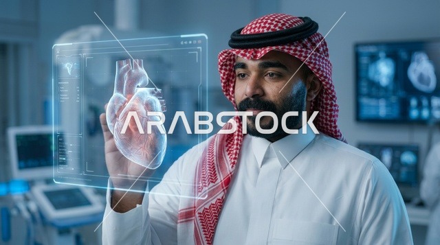 طبيب سعودي يحلل مجسم هولوغرام ثلاثي الأبعاد للقلب