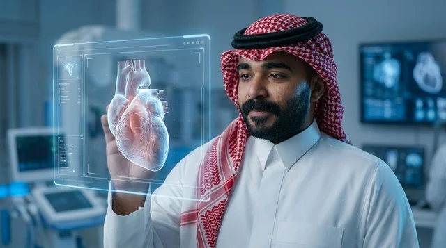 Saudi Man Analyzing Holographic Heart Model in Lab