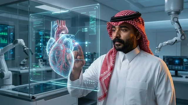 Saudi Doctor with Holographic Heart in High Tech Lab