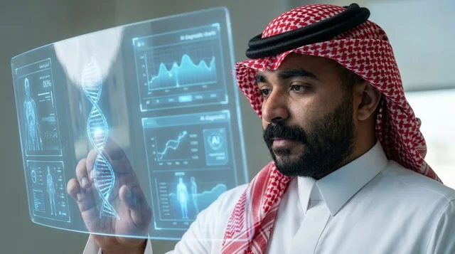 باحث سعودي يحلل البيانات الطبية عبر شاشة هولوغرام
