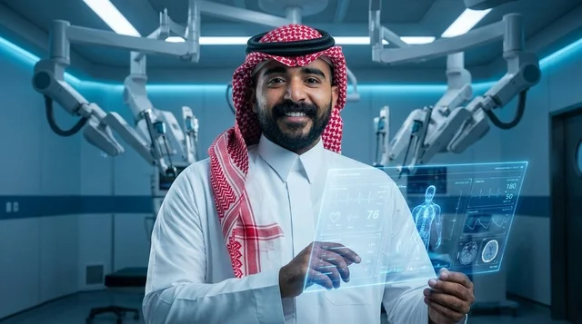 Saudi Man in Futuristic Robotic Operating Room with Hologram