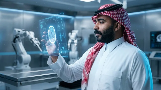 طبيب سعودي مع مسح هولوغرامي للدماغ في مختبر متطور