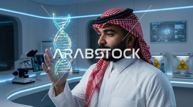 عالم سعودي يستعرض مجسم ثلاثي الأبعاد للحمض النووي في المختبر