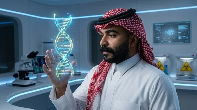 عالم سعودي يستعرض مجسم ثلاثي الأبعاد للحمض النووي في المختبر
