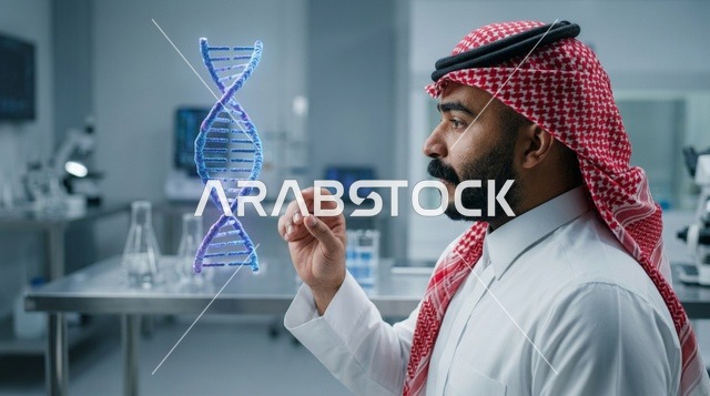 Saudi Scientist Interacting with DNA Hologram in Lab
