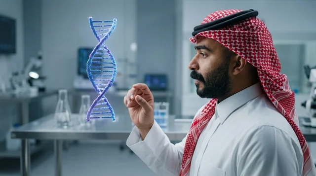 عالم سعودي يتفاعل مع مجسم الحمض النووي في المختبر