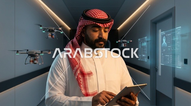 Saudi Man with Tablet in Futuristic Drone Hospital