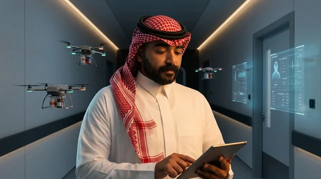 رجل سعودي يستخدم جهازا لوحيا في مستشفى مستقبلي ذكي