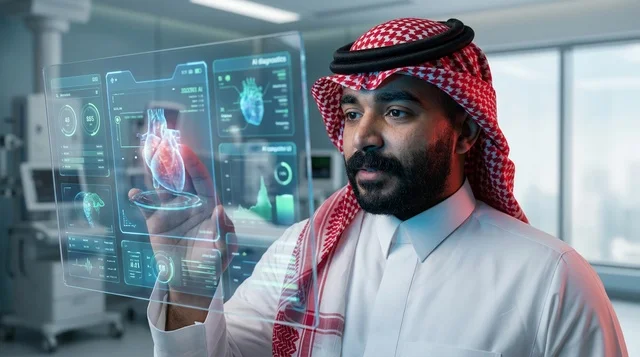 طبيب سعودي يستخدم شاشة هولوغرام طبية مستقبلية