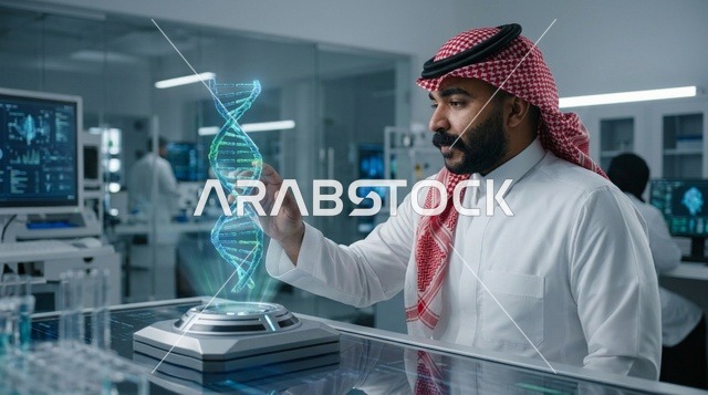 عالم سعودي يتفاعل مع هولوغرام الحمض النووي في مختبر