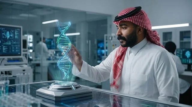 عالم سعودي يتفاعل مع هولوغرام الحمض النووي في مختبر