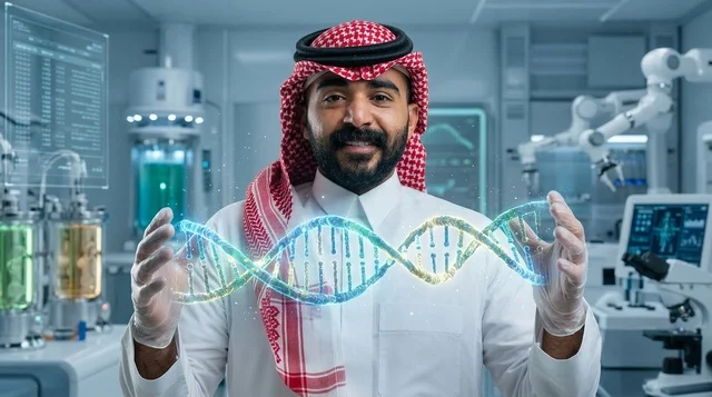 Saudi Scientist Holding Holographic DNA Helix in Lab