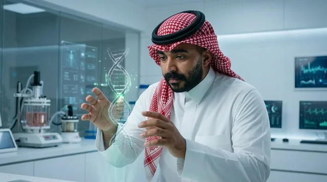 Saudi Scientist with DNA Hologram in Modern Laboratory