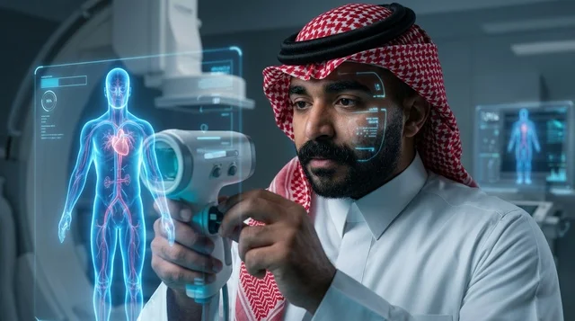 طبيب سعودي يستخدم جهاز مسح هولوغرام طبي مستقبلي