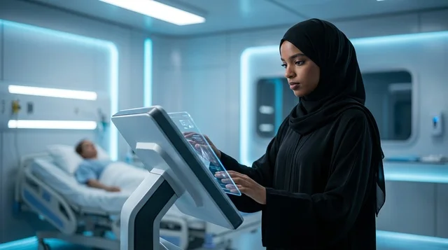 عالمة سعودية بالحجاب تعمل في مختبر مع شاشة مستقبلية