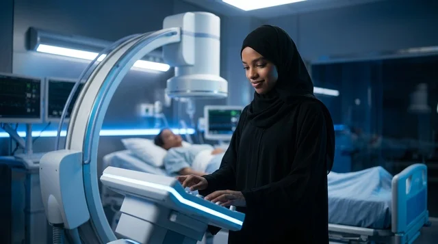 Saudi Female Technician Operating Hospital Equipment