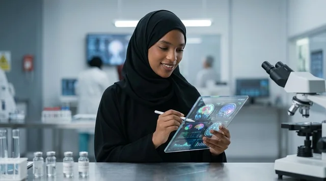 Saudi Female Scientist in Lab with Transparent Tablet