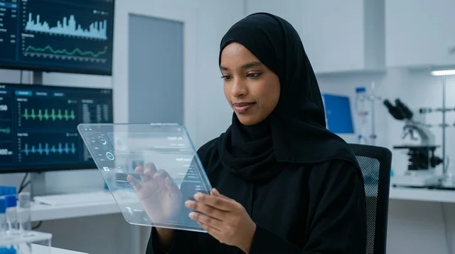 عالمة إماراتية تستخدم شاشة ذكية داخل مختبر علمي حديث